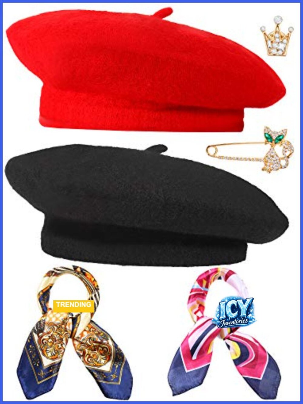 Wool Beret Hat with Silky Scarf & Brooch Set French Style Beanie